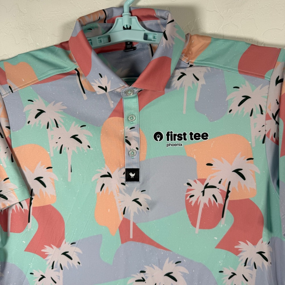 Bad Birdie Polo Shirt Mens Medium Multi Color Palm Tree First Tee Phoenix Golf